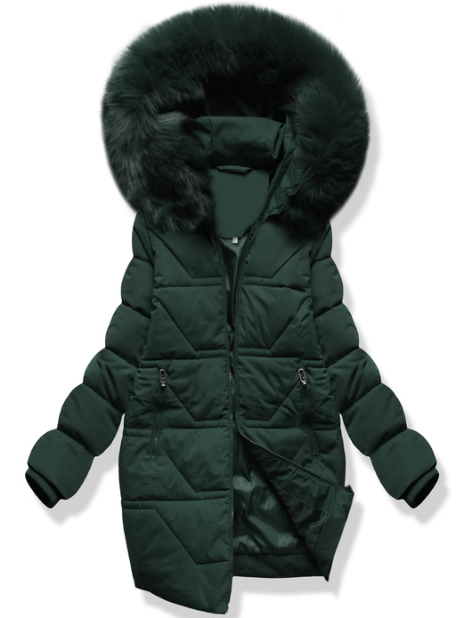 Zielona zimowa ciepła kurtka pikowana z kapturem