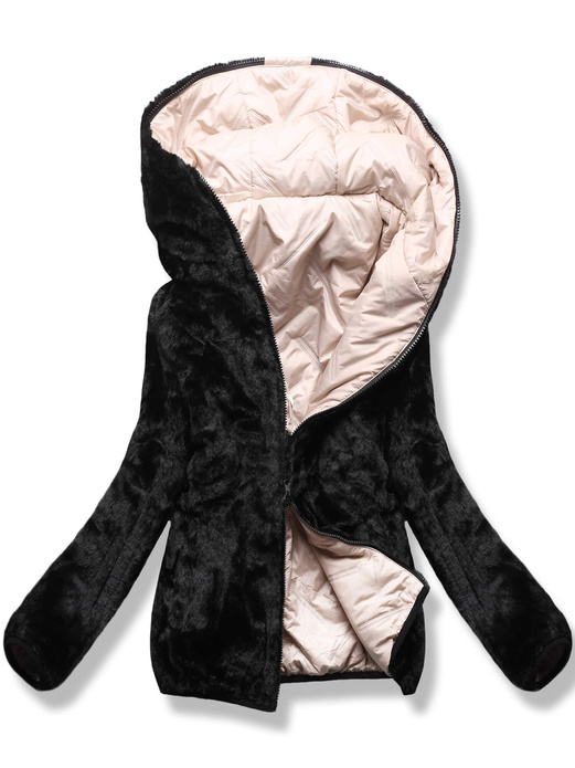 Nude czarna damska dwustronna kurtka zimowa na futrze