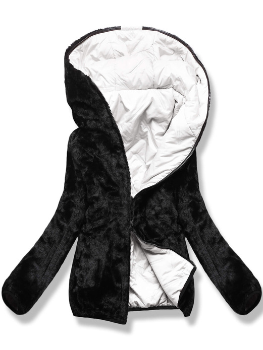 Czarno biała damska dwustronna kurtka zimowa na futrze