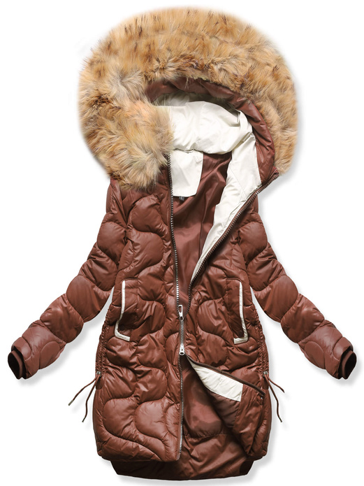 Czekoladowa fenomenalna pikowana zimowa kurtka damska kożuch