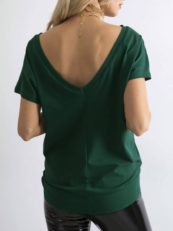 Ciemnozielona gładka bluzka, top basic, t-shirt z dekoltem V z tyłu