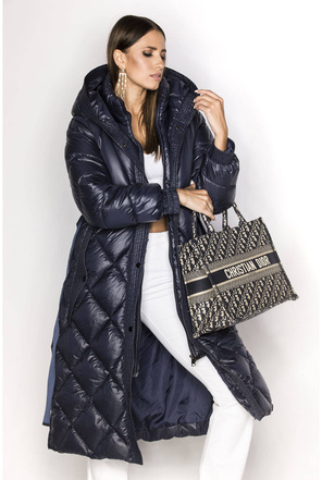 Granatowa długa pikowana puchowa kurtka płaszczyk z kapturem