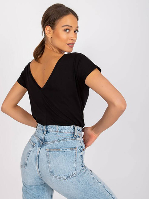 Czarna gładka bluzka, top basic, t-shirt z dekoltem V z tyłu