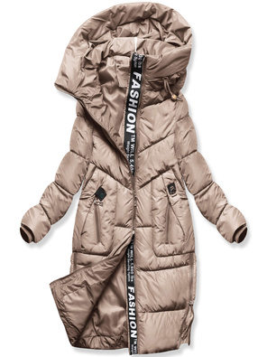 Ciemnobeżowa fantastyczna damska zimowa kurtka z kapturem