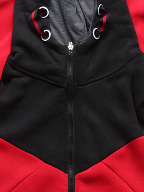 Czerwono czarny kolorowy dres damski z kapturem komplet bluza na suwak + spodnie