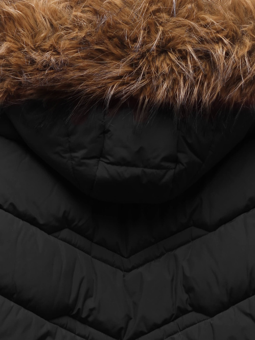 Czarna unikalna trapezowa zimowa damska kurtka z kapturem