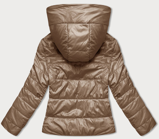 Karmelowa błyszcząca przejściowa pikowana kurtka z kapturem zapinana na suwak