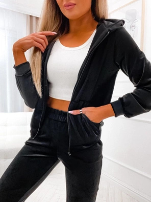 Czarny damski welurowy gładki dres komplet z rozpinaną bluzą