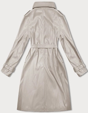 Ciemnobeżowy Elegancki płaszcz skórzany ze stójką