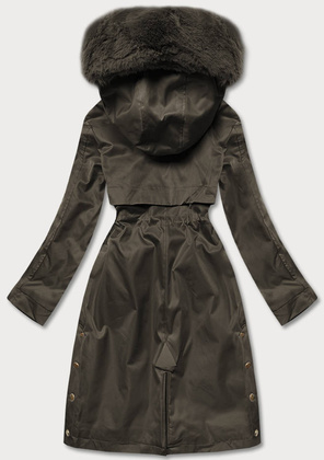 Khaki zimowy ocieplany płaszczyk z kapturem