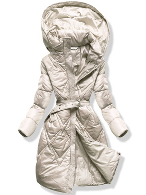 Ecru długi pikowany przejściowy płaszcz z kapturem