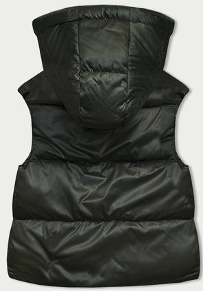 Khaki krótki modny puchowy bezrękawnik z kapturem