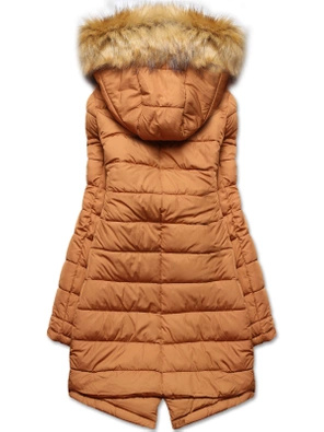 Czarno karmelowa długa dwustronna ciepła kurtka parka z kapturem z odpinanym futerkiem