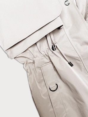 Jasnobeżowy unikalny przejściowy płaszczyk damski parka z kapturem z motywem w kratę