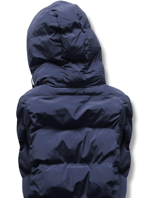 Granatowy długi płaszczyk kurtka zimowa - na ciepłym misiu z kołnierzem