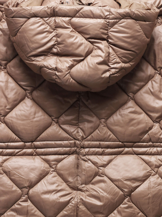 Brązowa oversizowa zimowa damska pikowana w karo kurtka z kapturem