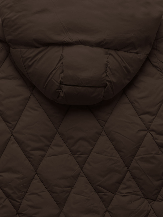 Brązowa długa pikowana w karo ciepła zimowa kurtka damska z kapturem