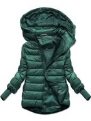 Ciemnozielona zimowa kurtka pikowana z kapturem z długimi ściągaczami zapinana na suwak