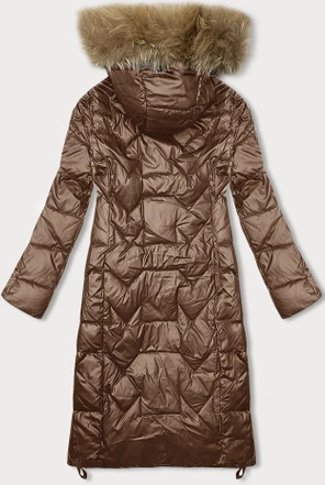 Karmelowa długa pikowana kurtka płaszczyk damski z kapturem