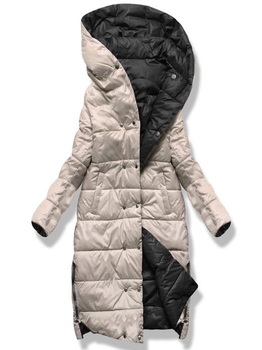 Czarno beżowa damska kurtka pikowana z paskiem