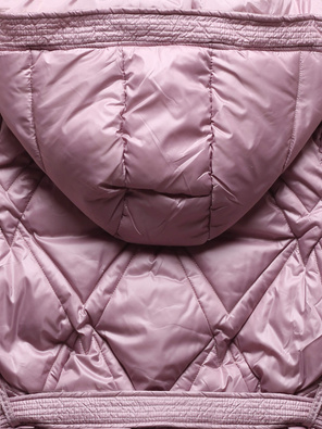 Różowy długi pikowany przejściowy płaszcz z kapturem