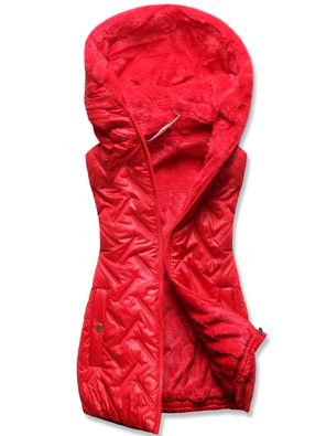 Czerwony damski unikalnie pikowany bezrękawnik na futerku