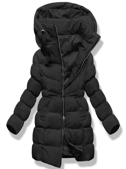 Czarna zimowa kurtka z kapturem i kołnierzem płaszcz pikowany na suwak