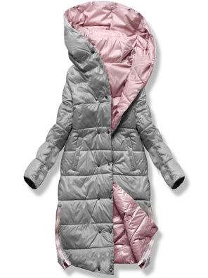 Różowo szara dwustronna zimowa damska kurtka z kapturem