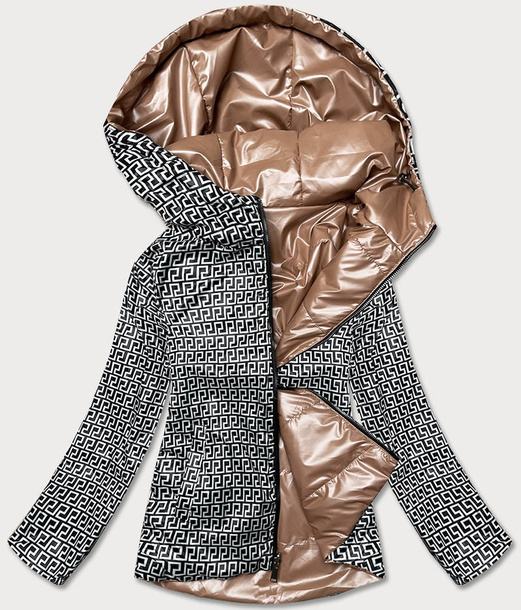 Jeanobrązowa dwustronna przejściowa kurtka damska z kapturem geometryczne wzory