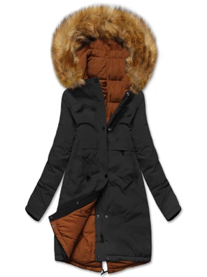 Karmelowa czarna zimowa dwustronna pikowana kurtka płaszczyk parka