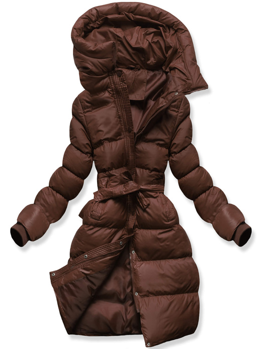 Brązowa genialna zimowa pikowana kurtka damska z kapturem