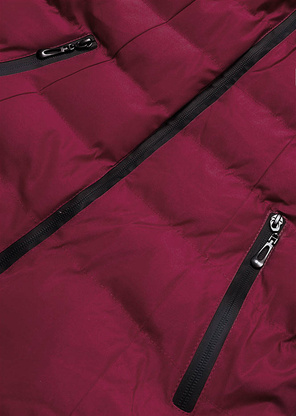 Bordowa zimowa pikowana kurtka z kapturem i kołnierzem