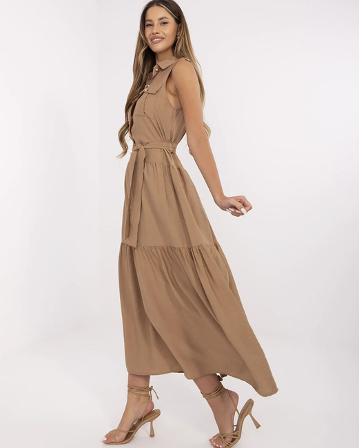 Karmelowa fantastyczna zwiewna sukienka z guzikami maxi