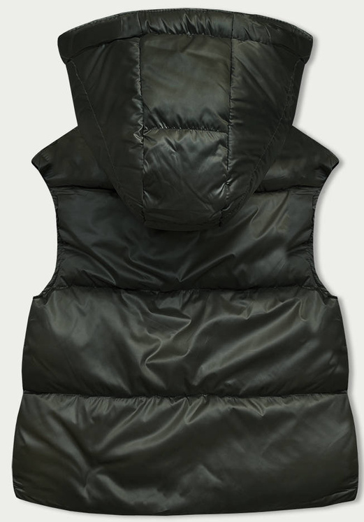 Khaki krótki modny puchowy bezrękawnik z kapturem