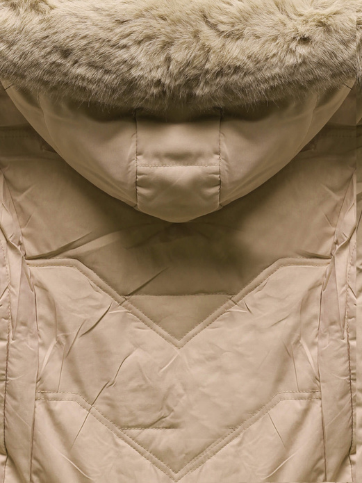 Beżowa damska kurtka zimowa z podszewką na futerku z kapturem