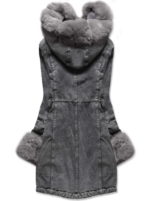 Czarno szara jeansowa zimowa kurtka płaszczyk futro