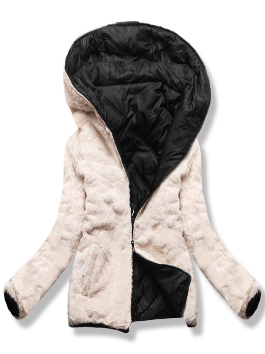 Czarno beżowa damska dwustronna kurtka zimowa na futrze