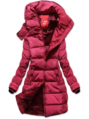 Bordowa zimowa pikowana ocieplana kurtka płaszczyk z kapturem i futerkiem