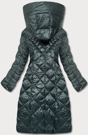 Zielona długa pikowana damska kurtka płaszcz z kapturem