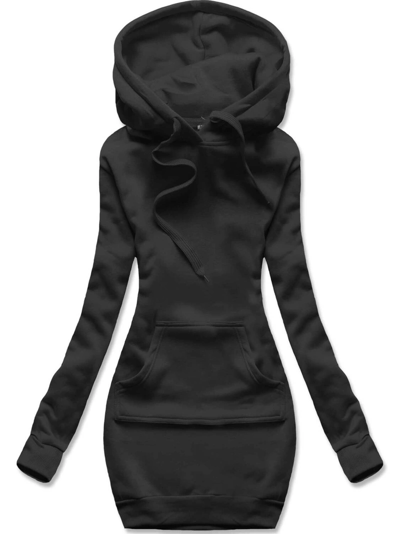 Czarna bluza sukienka long kangurka z kapturem