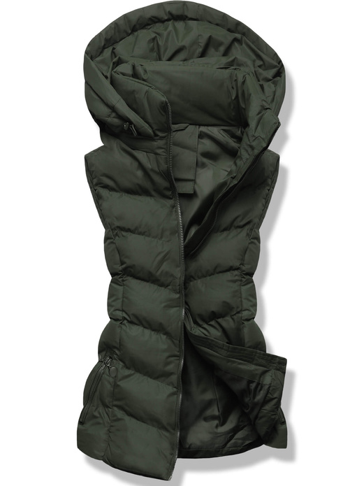 Khaki puchowy pikowany bezrękawnik kamizelka z kapturem