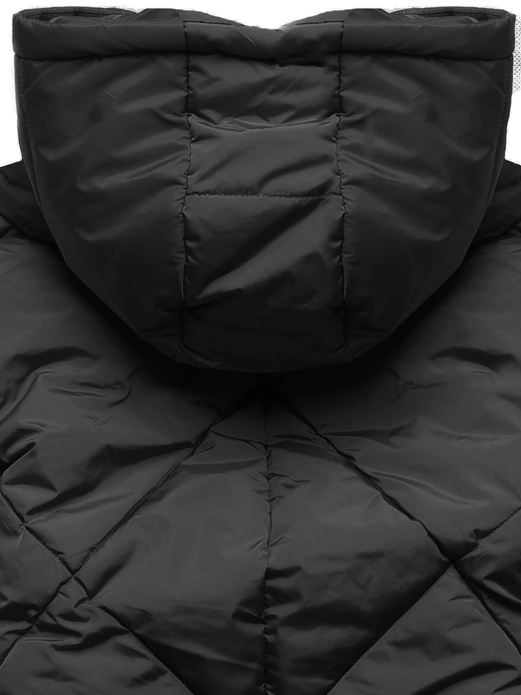 Czarna długa ocieplana pikowana kurtka płaszczyk z kołnierzem