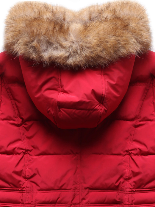 Czerwona zimowa genialna ocieplana zimowa kurtka płaszczyk z kapturem futerko