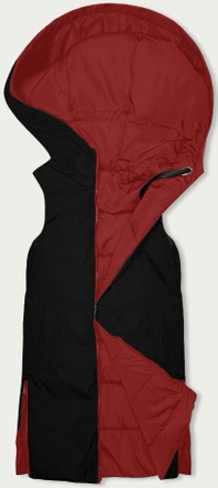 Czerwono czarny długi dwustronny damski bezrękawnik kamizelka z kapturem