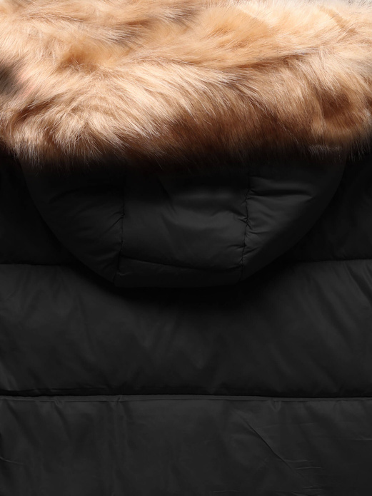 Czarna damska kurtka z ozdobnymi kieszeniami i kapturem z futerkiem