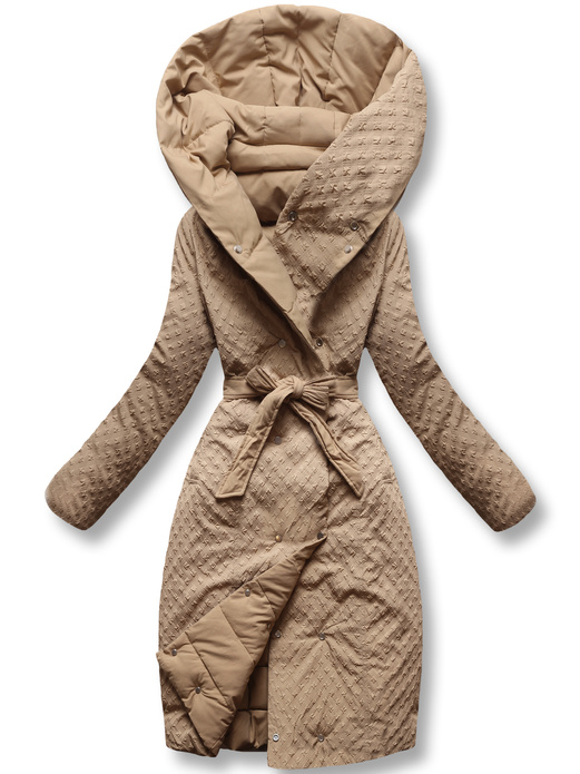 Karmelowy długi damski dwustronny płaszcz z kapturem