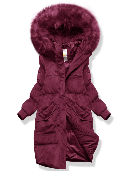 Bordowa sztruksowa długa zimowa kurtka z kapturem