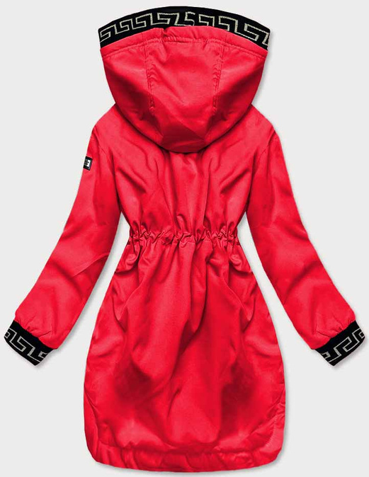 Czerwona kurtka płaszcz z ozdobnymi lampasami we wzory z kapturem