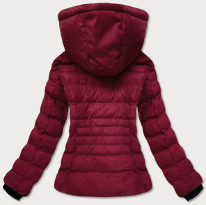 Bordowa zimowa pikowana kurtka z kapturem i kołnierzem