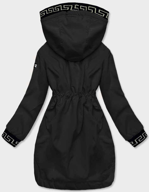 Czarna kurtka płaszcz parka z ozdobnymi lampasami we wzory z kapturem